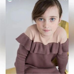 TAKE NOTE Girls Two Tone Cream / Brown Knit Sweater Dress with Ruffle Size 16